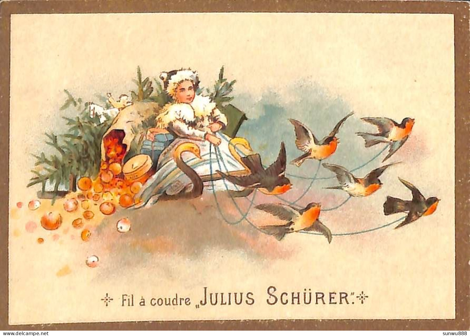 Calendrier Chromo Fil à Coudre Julius Schürer 1892, Bord Doré Santa Claus ? - Tamaño Pequeño : ...-1900