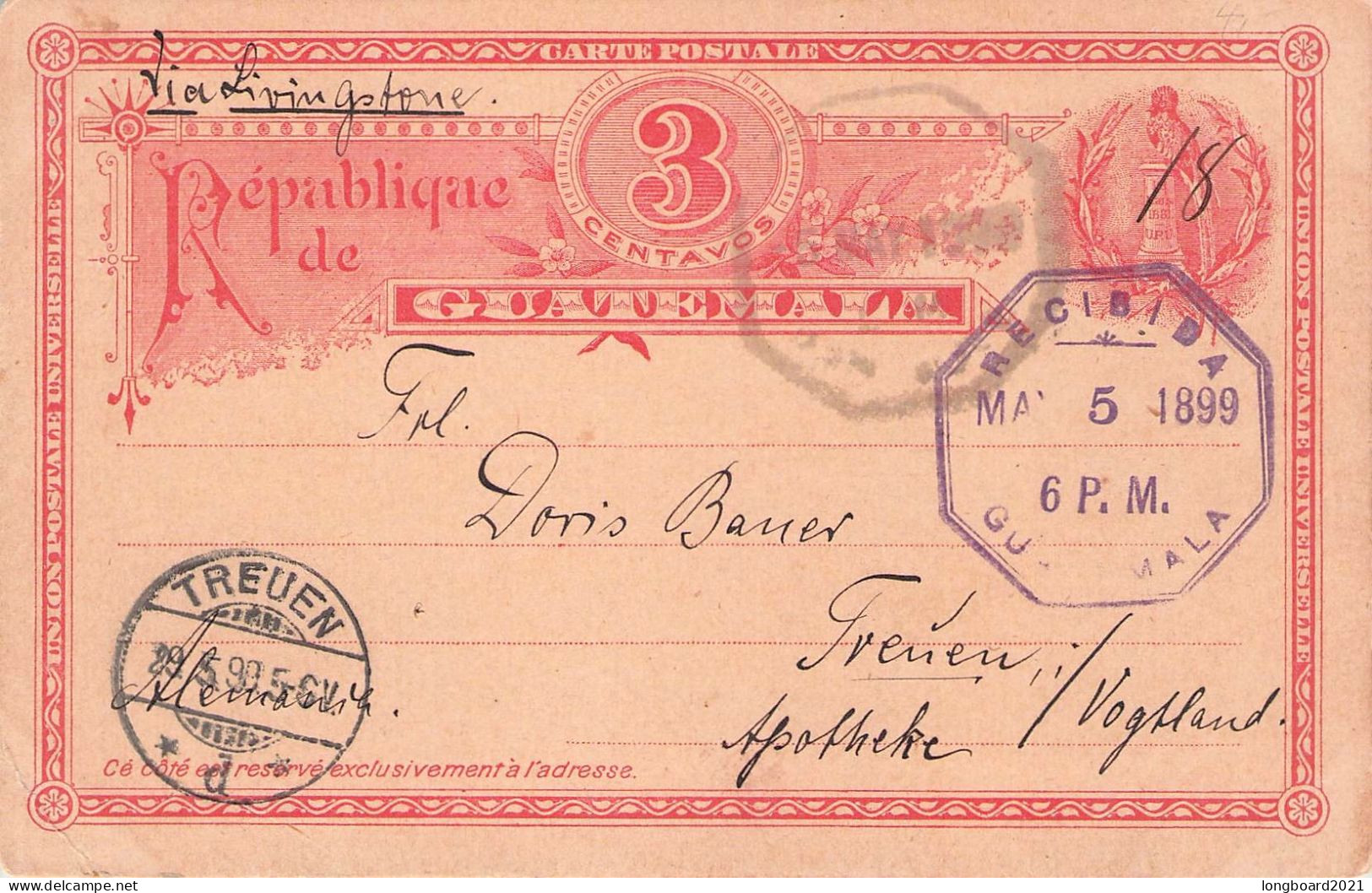 GUATEMALA - POSTAL STATIONERY 3c GUATEMALA > TREUEN/DE /*16 - Guatemala