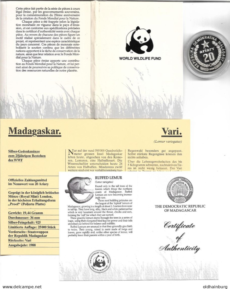 1149d: WWF- Münze Madagaskar 1988, Vari/ Raffi Lemur PP 19,24 Gramm Proof - Madagaskar