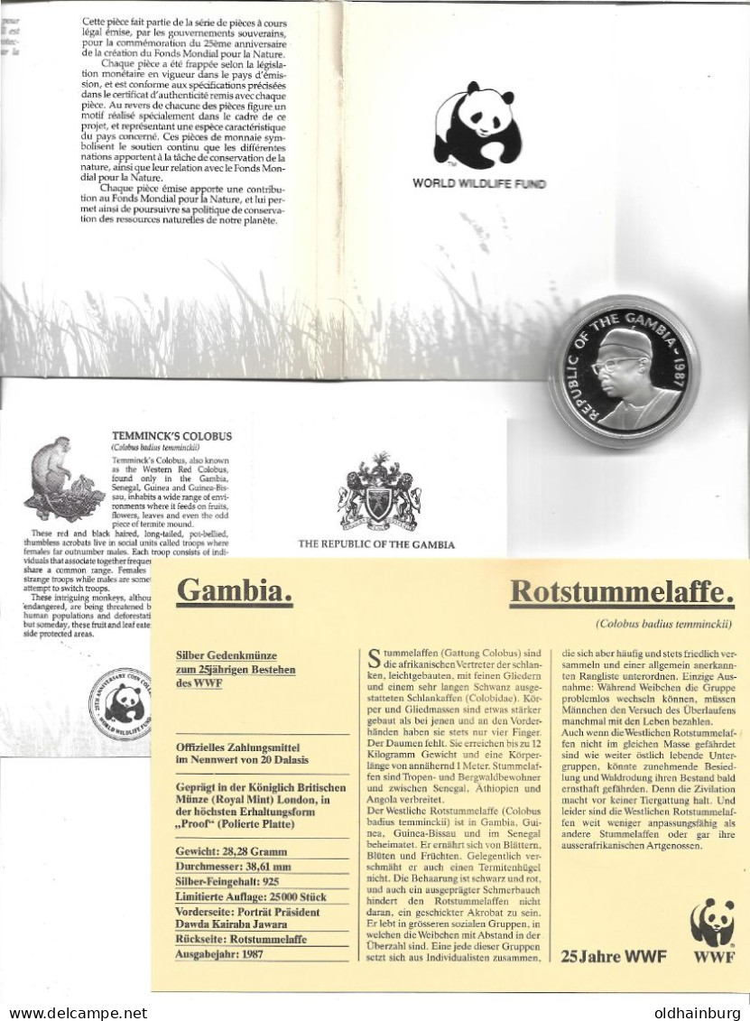 1149e: WWF- Münze Gambia 1987, Rotstummelaffe PP 28,28 Gramm Proof - Gambie