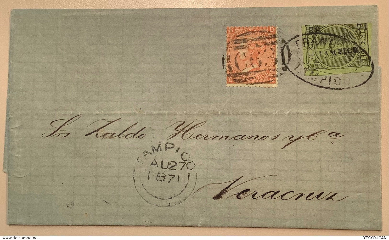 Mexico 1868 Hidalgo RARE Mixed Franking GB Used Abroad 4d C63 Tampico Cover 1871>Veracruz Scheller Cert (Mexique Lettre - Mexiko