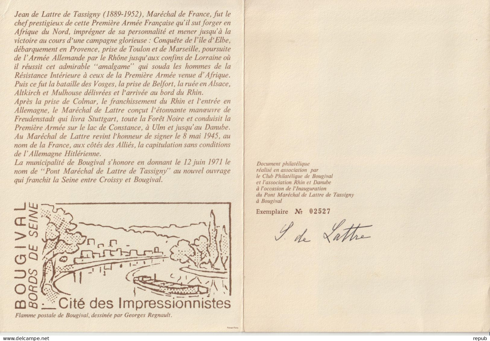 France 1971 Encart 3 Volets Inauguration Du Pont Maréchal De Lattre De Tassigny Bougival (78) Dédicacé - Commemorative Postmarks