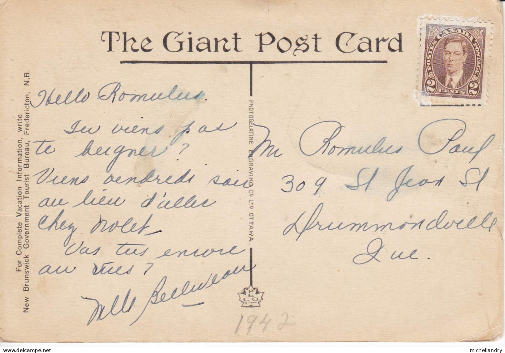 Carte Postal (122973) B/W Rock At Hopewell Cape, New Brunswick Timbre 2 Cent Cdn 1942 Avec écriture - Autres & Non Classés