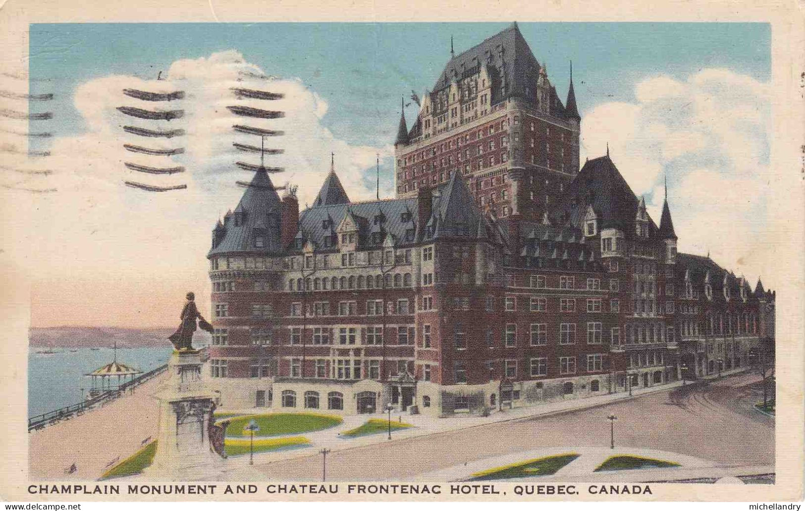 Carte Postal (122975) Champlain Monument And Chateau Frontenac Hotel Qc Canada Timbre 2 Cent Cdn 9 Aout 1939 - Québec - Château Frontenac