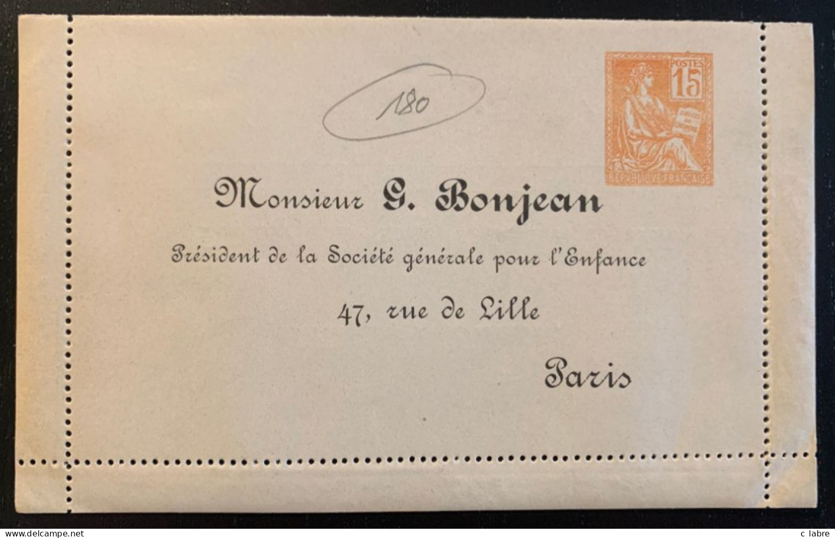 FRANCE : EP CL TSC . 15CTS MOUCHON G BONJEAN . TB - Prêts-à-poster:Stamped On Demand & Semi-official Overprinting (1995-...)