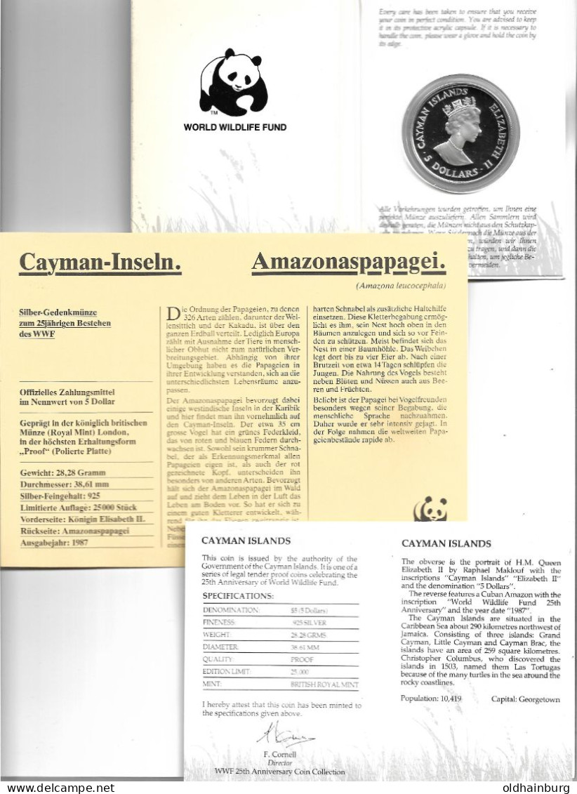 1149j: WWF- Münze Cayman Islands 1987, Amazonas- Papagei PP 28,28 Gramm Proof - Cayman (Isole)