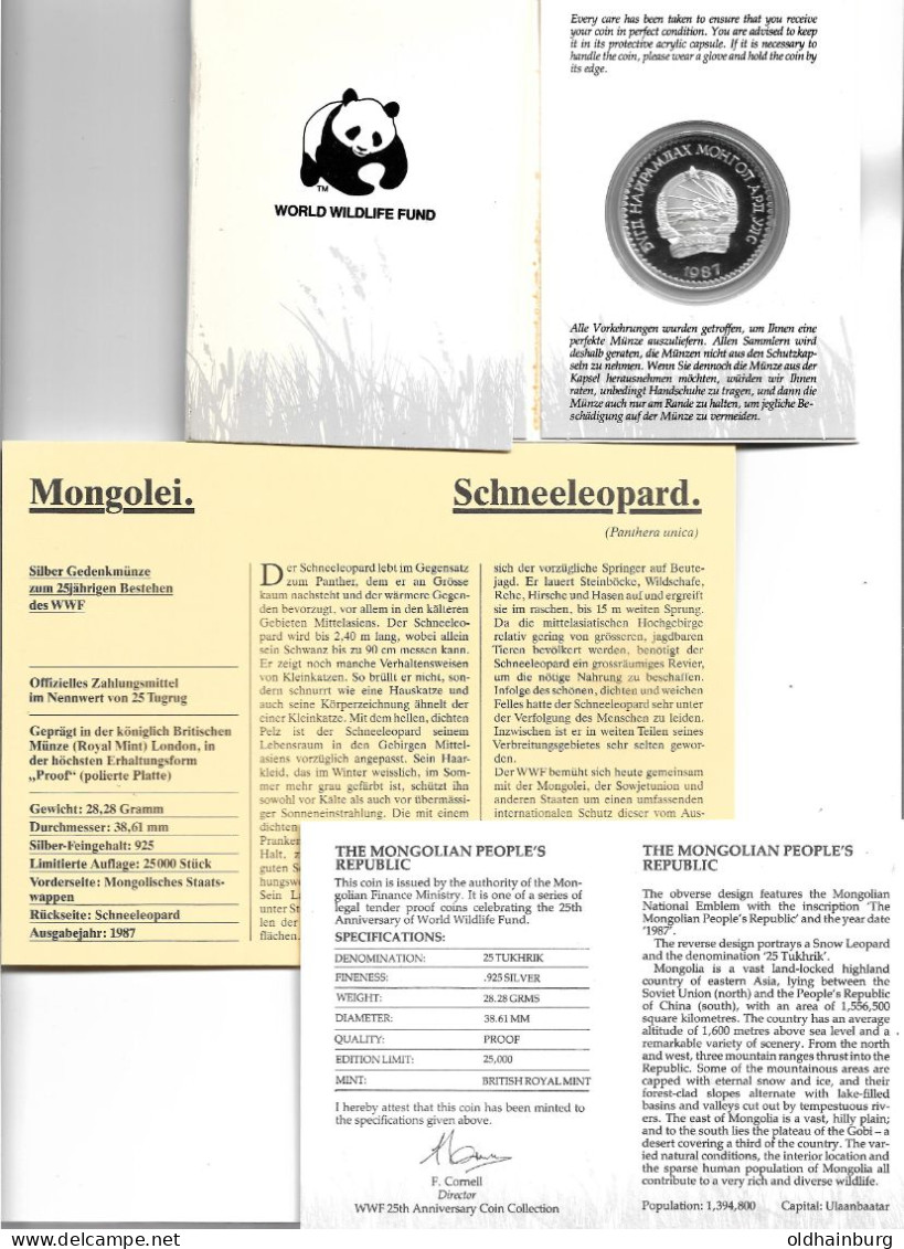 1149k: WWF- Münze Mongolei 1987, Schneeleopard PP 28,28 Gramm Proof - Mongolia