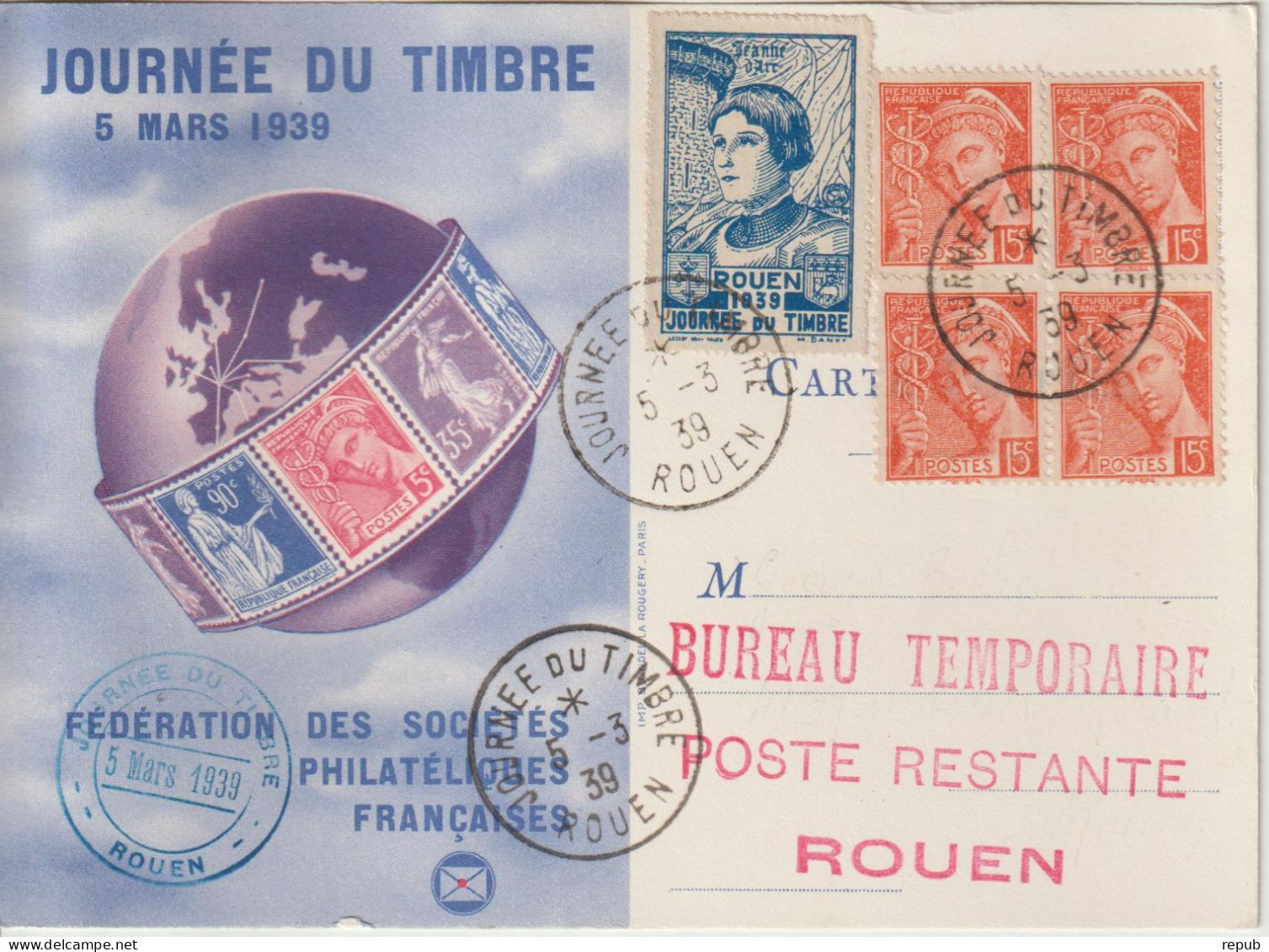 France Carte Journée Du Timbre 1939 Rouen Avec Vignette Jeanne D'Arc - Expositions Philatéliques