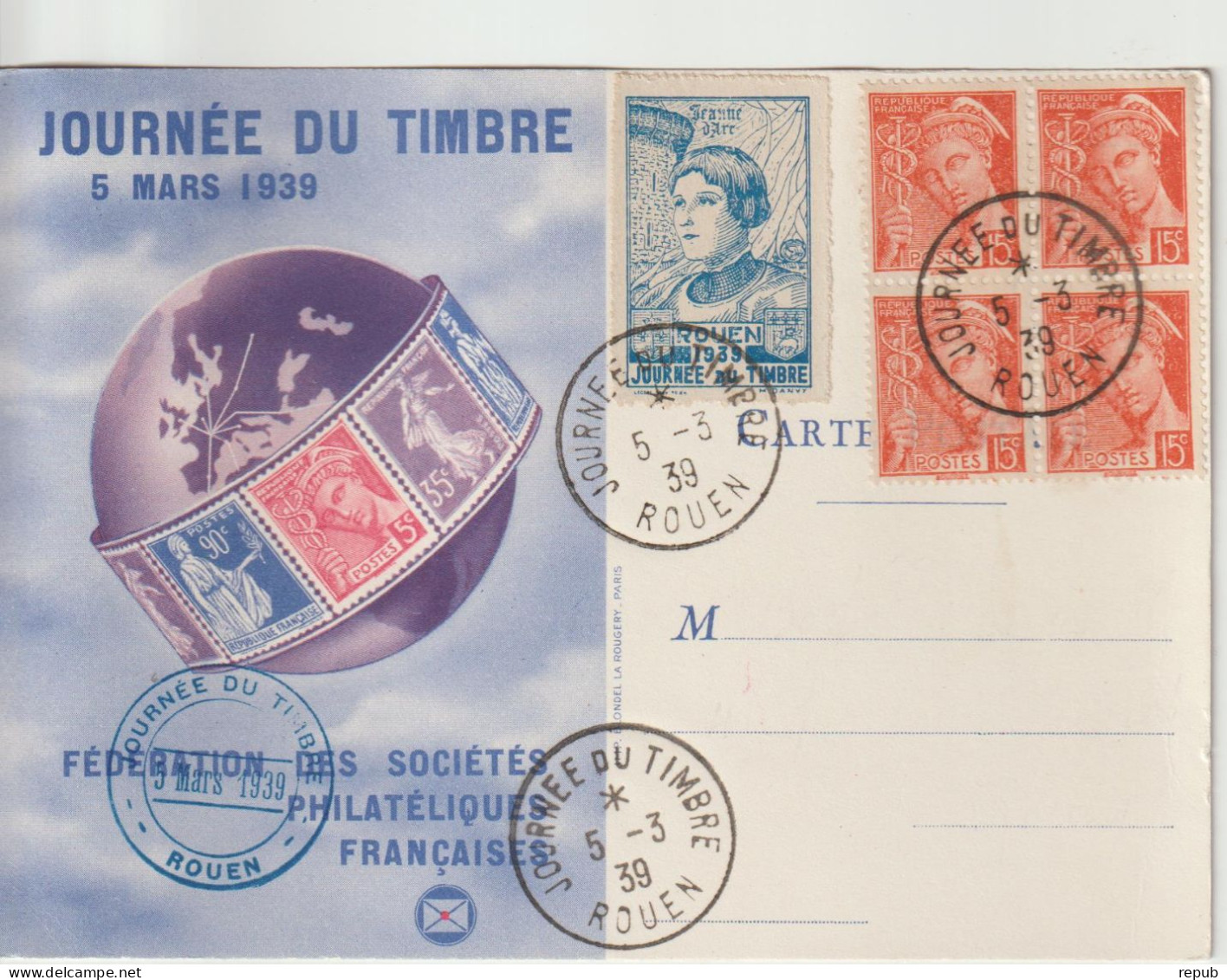 France Carte Journée Du Timbre 1939 Rouen Avec Vignette Jeanne D'Arc - Briefmarkenmessen