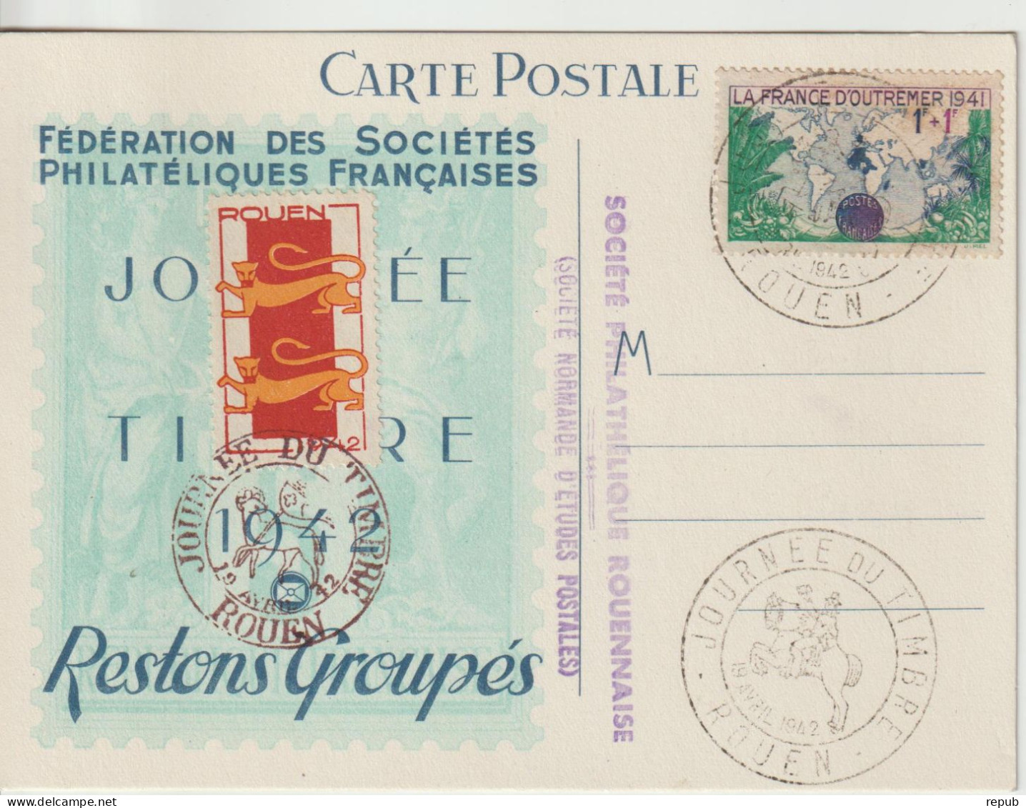 France Carte Journée Du Timbre 1942 Rouen Avec Vignette - Philatelic Fairs