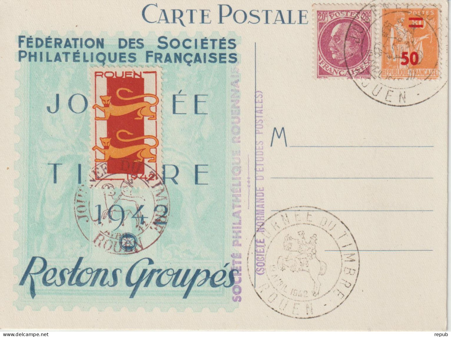 France Carte Journée Du Timbre 1942 Rouen Avec Vignette - Philatelic Fairs