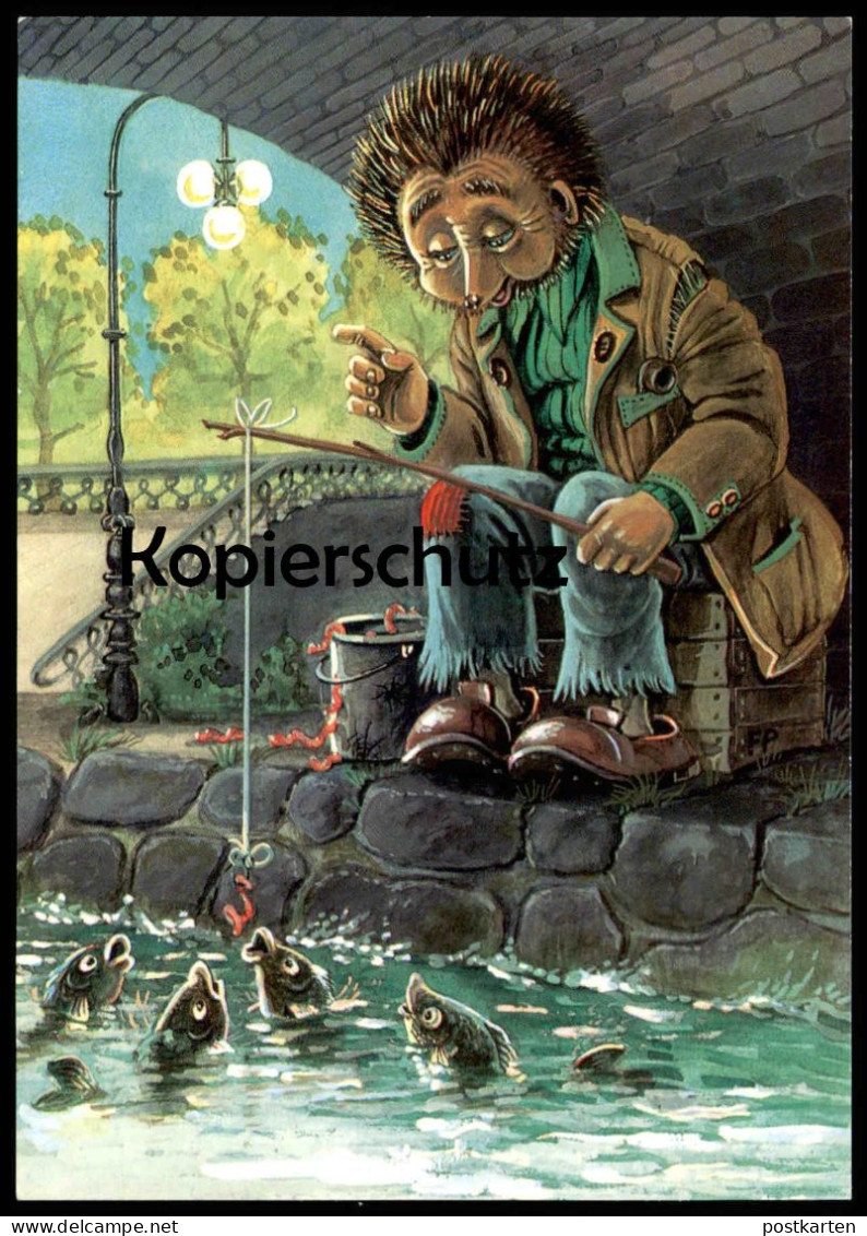 ÄLTERE POSTKARTE MECKI ALS ANGLER FISCHE KÖDER WURM FISCH IGEL DDR PLANET VERLAG Fishing Hedgehog Ansichtskarte Postcard - Mecki