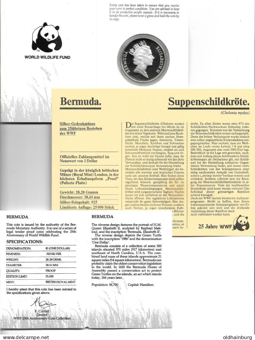 1149n: WWF- Münze Bermuda 1986, Suppenschildkröte PP 28,28 Gramm Proof - Bermudes