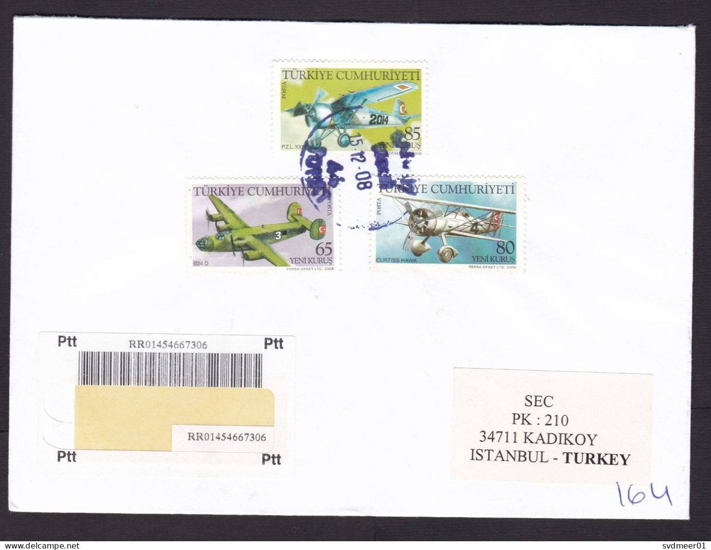 Turkey: Registered Cover, 2008, 3 Stamps, Military Airplane, Aviation History, Air Force, Rare Real Use (traces Of Use) - Brieven En Documenten