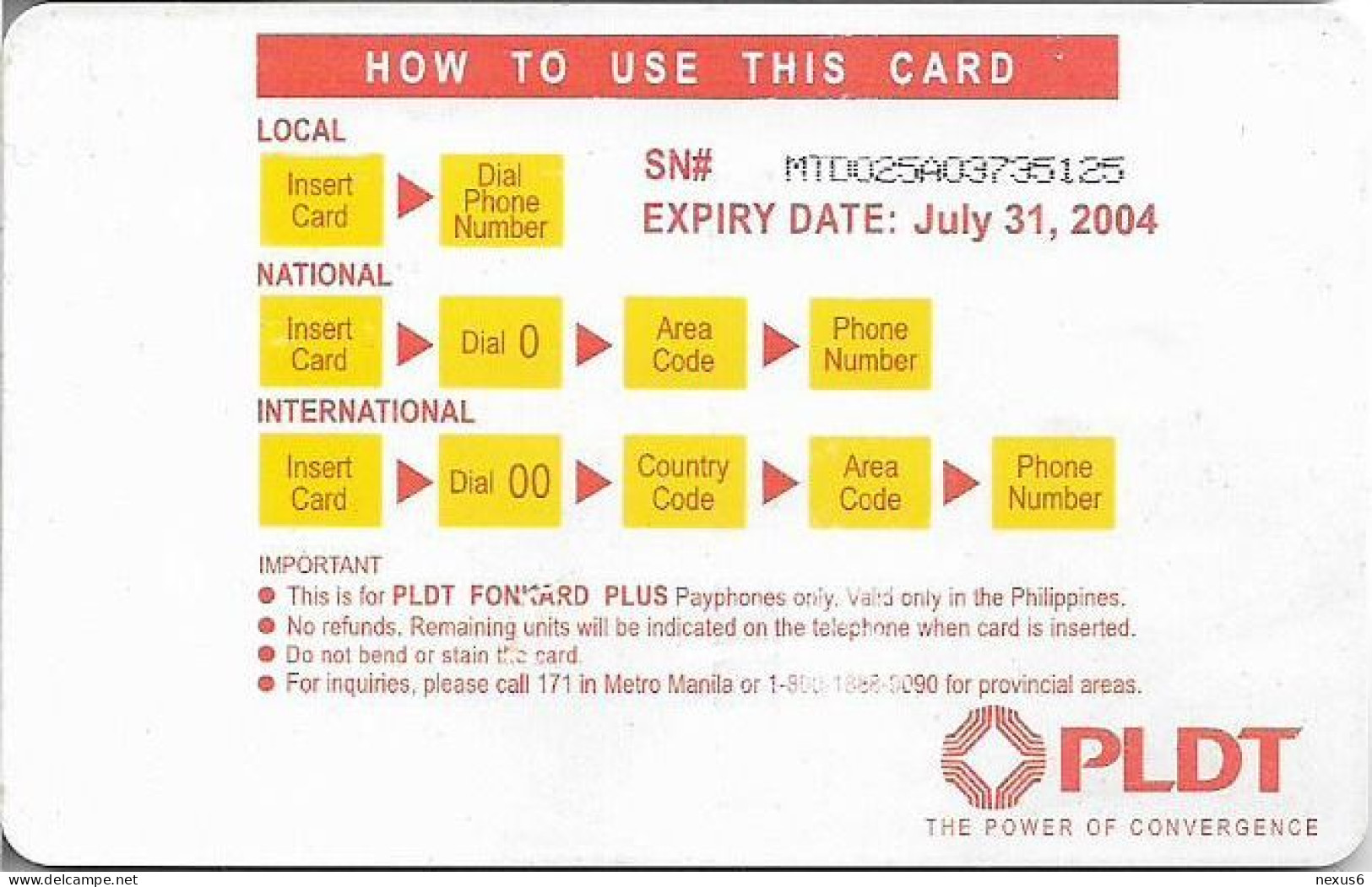 Philippines - PLDT (Chip) - Generic Green, Exp.31.07.2004, Chip CHT17, Cn. MTD025A, 100₱, Used - Filipinas