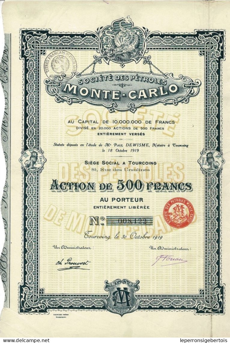 Titre De 1919 - Société Des Pétroles Monte-Carlo - Tourcoing - - Pétrole