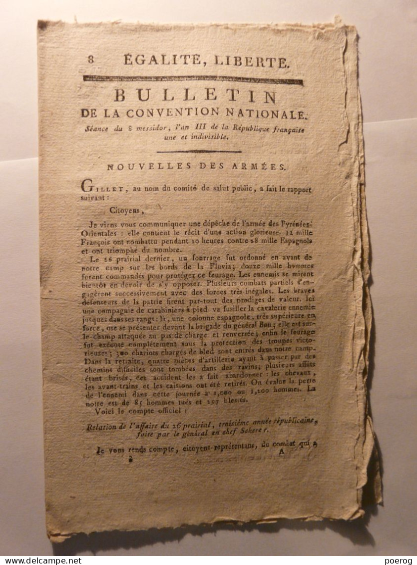 BULLETIN CONVENTION NATIONALE De 1795 - RAPPORT GILLET ARMEES - SCHERER PYRENEES ORIENTALES - KERKUIT LANGLOIS - SARTHE - Wetten & Decreten