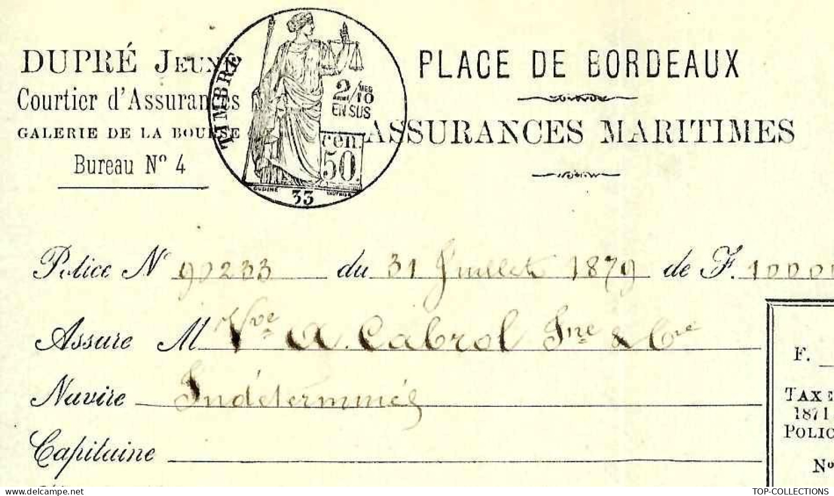 1879 BORDEAUX ASSURANCES MARITIMES NAVIGATION Bordeaux Martinique / Guadeloupe Etats Unis  & Retour Armateurs Vve Cabrol - 1800 – 1899