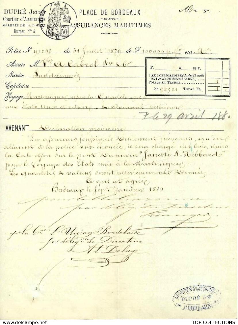 1879 BORDEAUX ASSURANCES MARITIMES NAVIGATION Bordeaux Martinique / Guadeloupe Etats Unis  & Retour Armateurs Vve Cabrol - 1800 – 1899