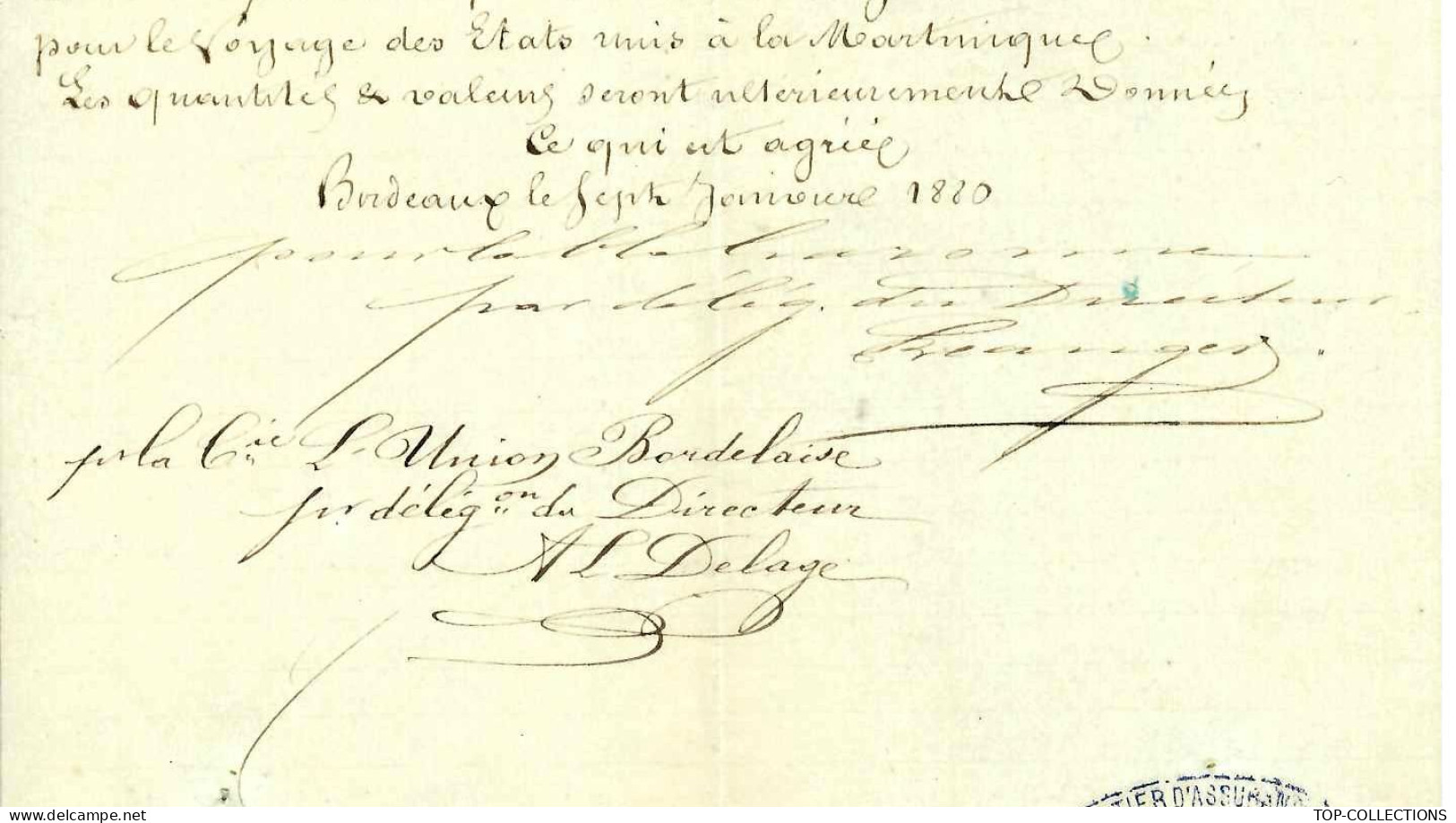 1879 BORDEAUX ASSURANCES MARITIMES NAVIGATION Bordeaux Martinique / Guadeloupe Etats Unis  & Retour Armateurs Vve Cabrol - 1800 – 1899