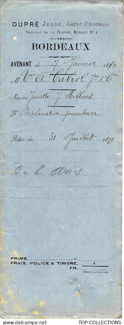 1879 BORDEAUX ASSURANCES MARITIMES NAVIGATION Bordeaux Martinique / Guadeloupe Etats Unis  & Retour Armateurs Vve Cabrol - 1800 – 1899