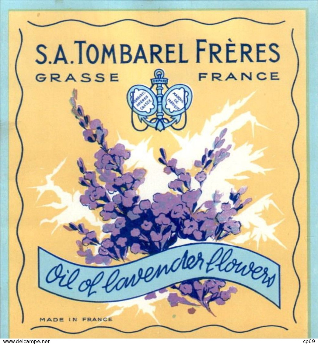 Etiquette Parfum S.A. Tombarel Frères Oil Of Lavender Flowers à Grasse 9 Cm X 10,1 Cm Fleur Fiore Flower En Superbe.Etat - Etichette