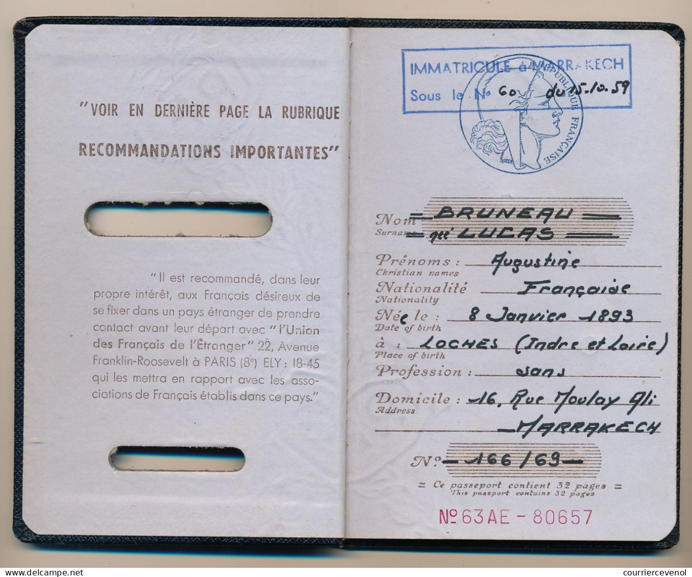 FRANCE / MAROC - Passeport émis à Marrakech (Consulat) 1972 - Fiscal Affaires Etrangères - Visa Casablanca - Unclassified