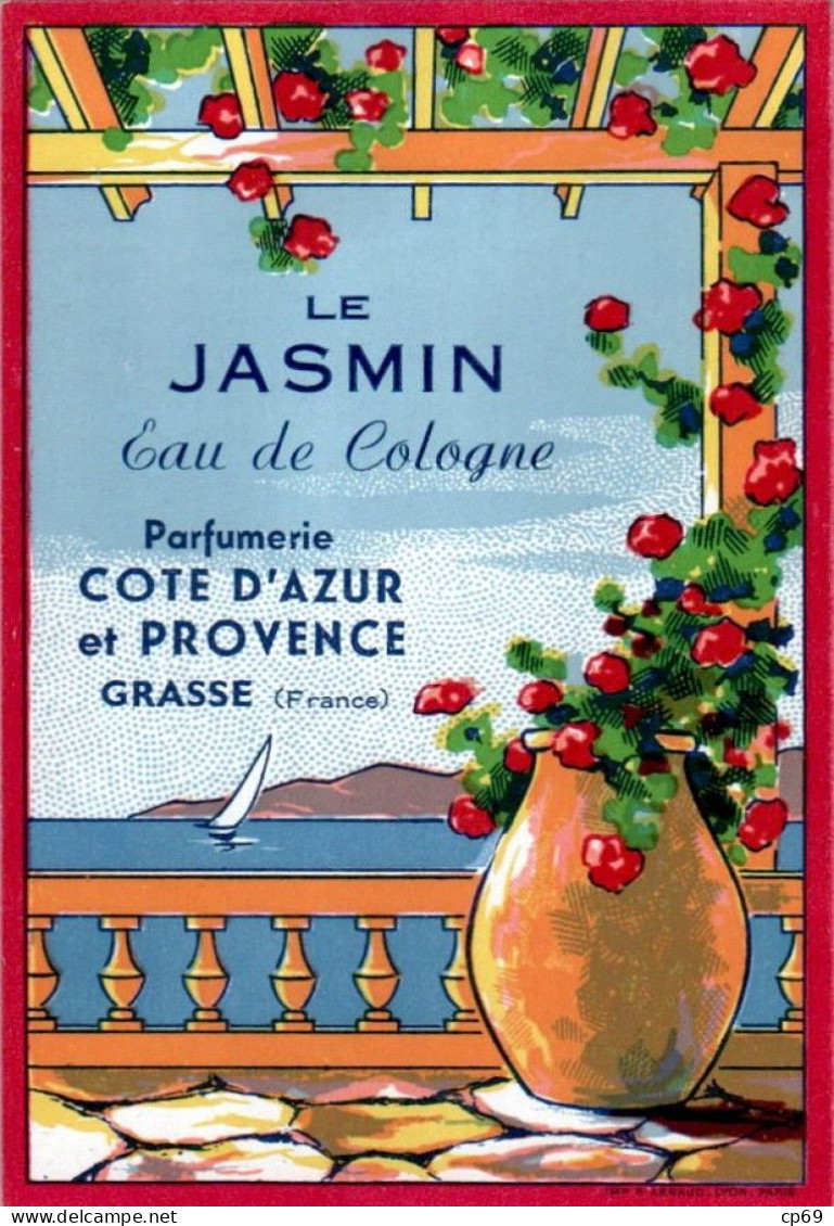 Etiquette Parfum Le Jasmin Eau De Cologne Parfumerie Côte-D'Azur Provence à Grasse 7,8 Cm X 11,4 Cm En Superbe.Etat - Etichette