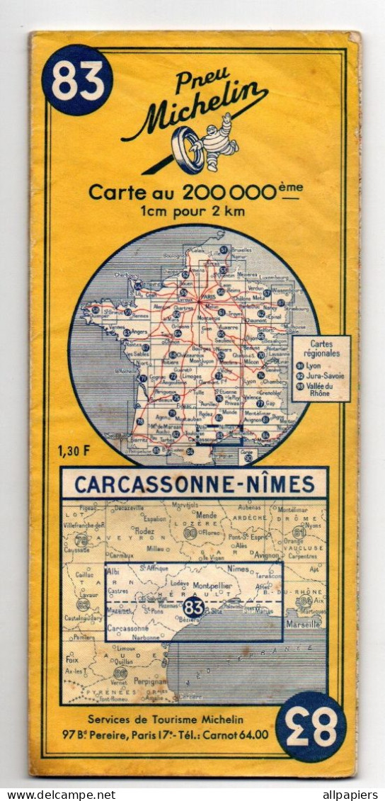 Carte Routière Michelin N°83 Carcassonne-Nîmes Au 200.000ème De 1962 - Cartes Routières