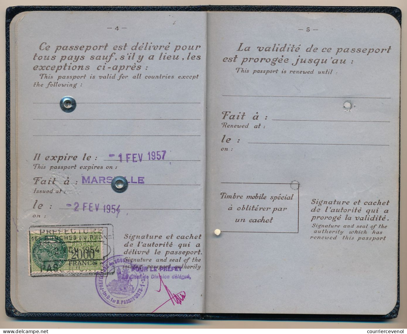FRANCE / ESPAGNE - Passeport émis à Marseille 1954/57 - Fiscal Type Daussy 2000F + Fiscaux Espagne Consulat De Marseille - Cartas & Documentos