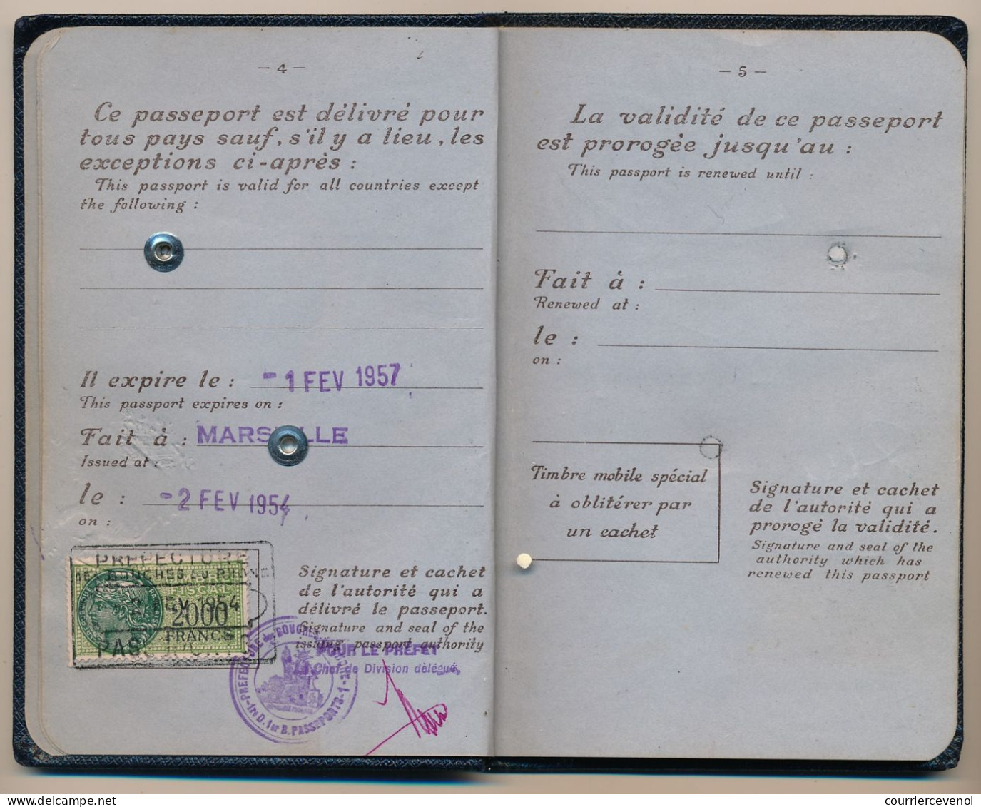 FRANCE / ESPAGNE - Passeport émis à Marseille 1954/57 - Fiscal Type Daussy 2000F + Fiscaux Espagne Consulat De Marseille - Briefe U. Dokumente