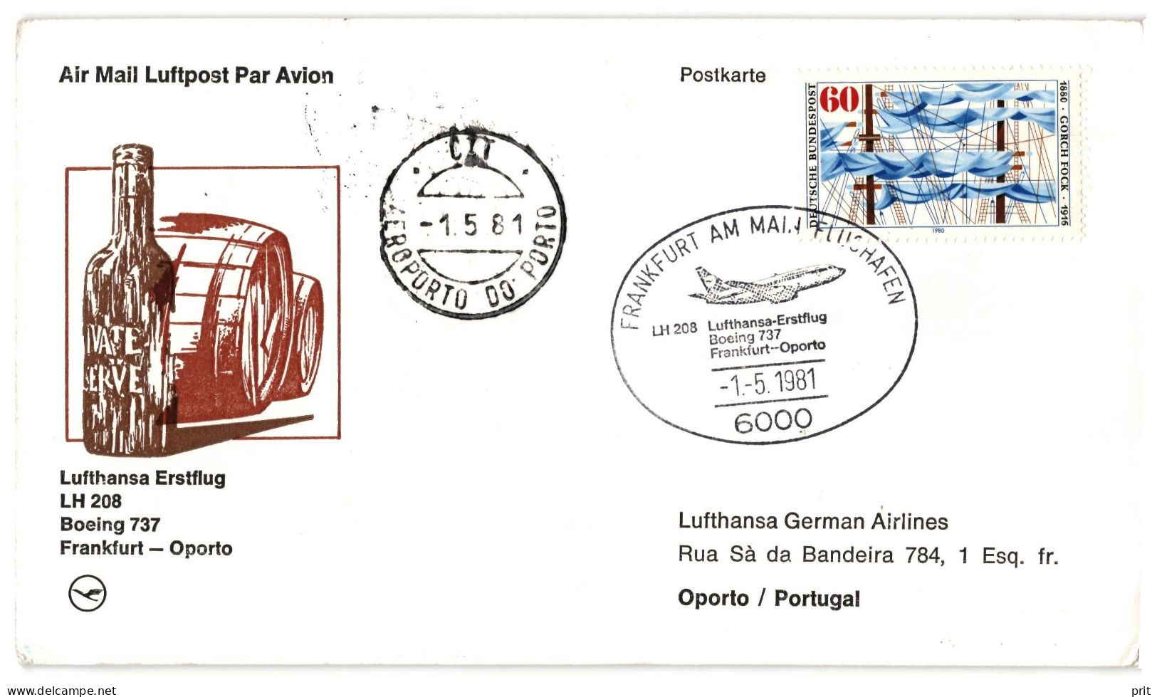 Lufthansa Frankfurt-Porto First Flight LH208 Boeing 737 Postcard 01.05.1981 First Day Cancel & Oporto Cancel - Lettres & Documents