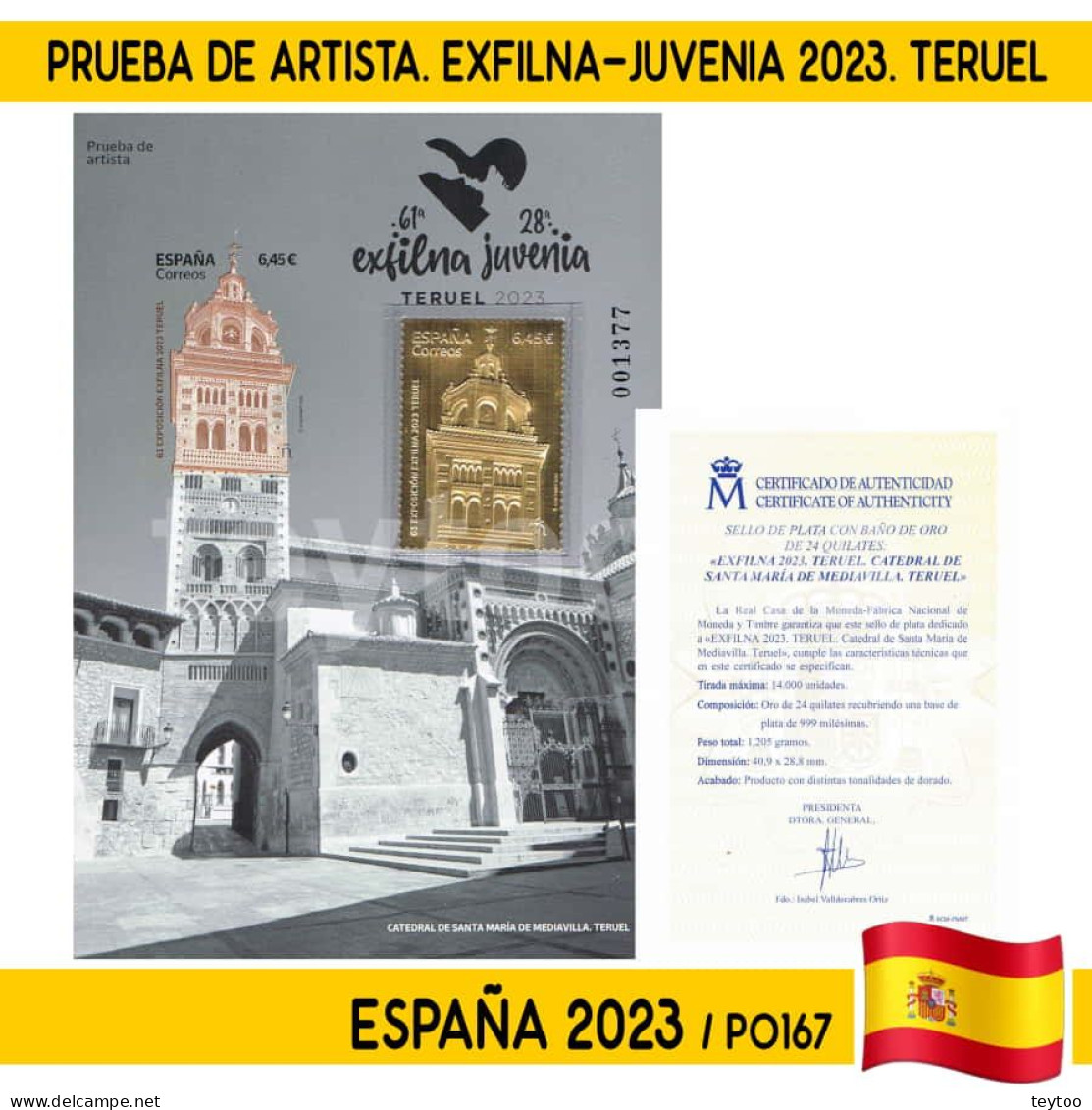 P0167# España 2023. PA Exfilna-Juvenia 2023.  Teruel. Con Sello En Oro (N) - Probe- Und Nachdrucke