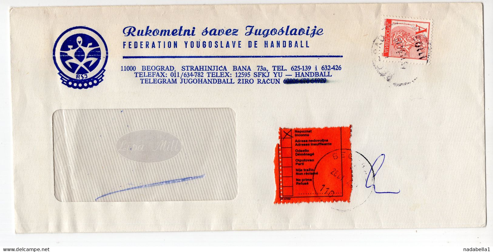 1994. YUGOSLAVIA,BELGRADE,YUGOSLAV HANDBALL ASSOCIATION,HEADED COVER,LABEL: INCONNU,UNKNOWN - Brieven En Documenten