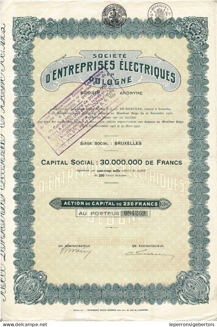 Titre De 1927 - Société D'Entreprises Electriques En Pologne - - Elektrizität & Gas