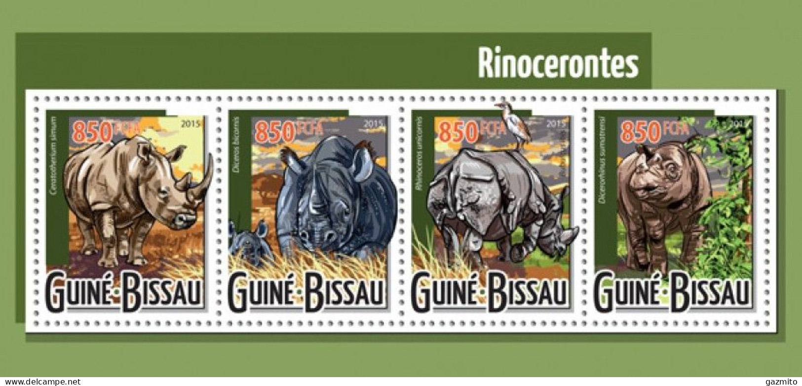 Guinea Bissau 2015, Animals, Rhino, 4val In BF - Rhinoceros