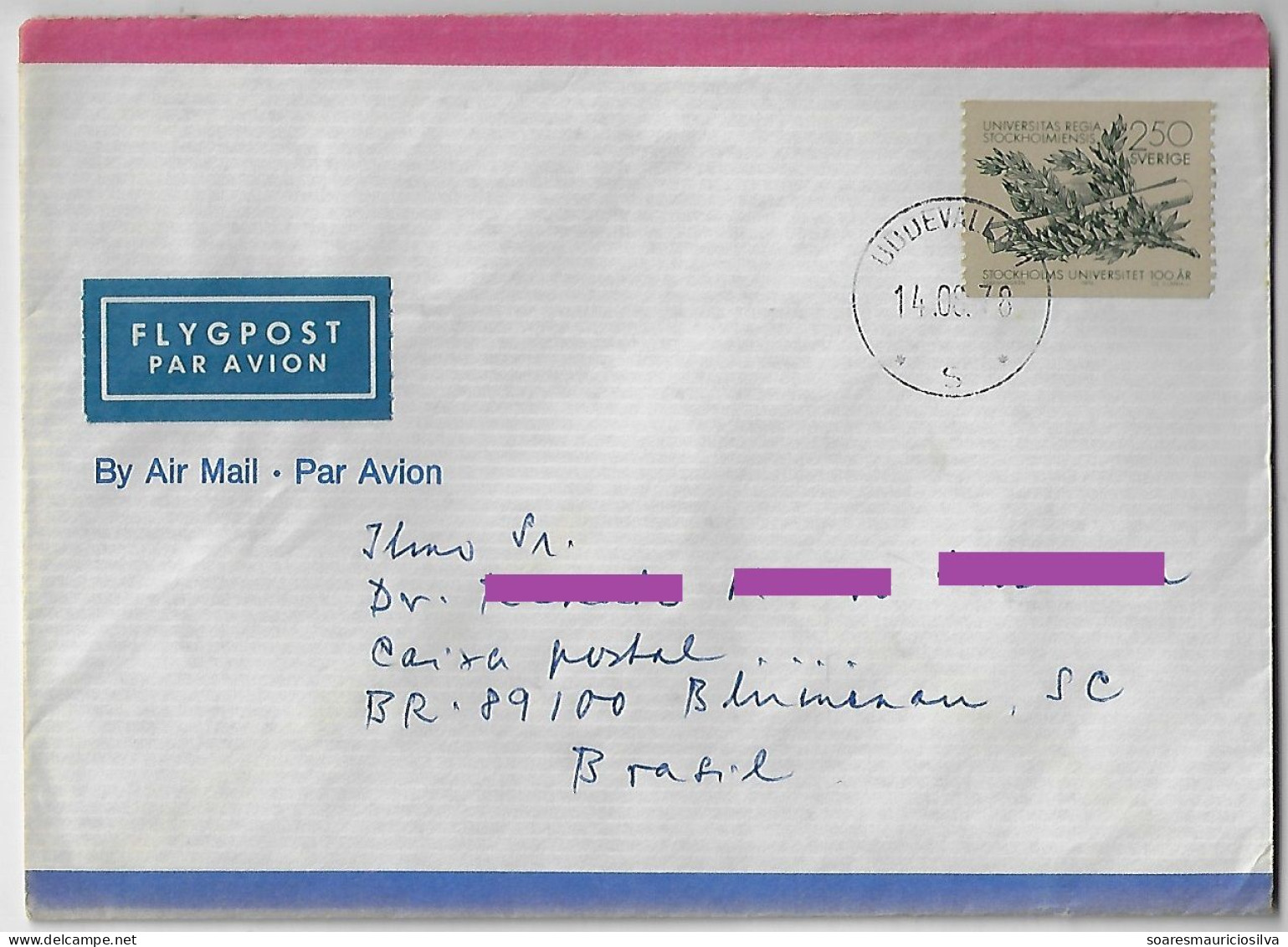 Sweden 1978 Airmail Cover From Uddevalla To Blumenau Brazil Stamp 100 Years Of Stockholm University - Covers & Documents