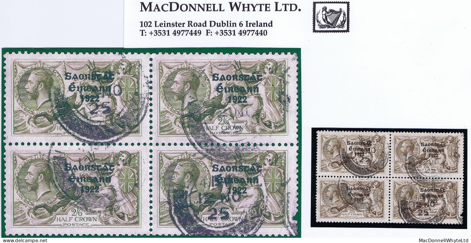 Ireland 1925 Dublin Narrow Date Saorstat 3-line Ovpt In Black On 2s6d Brown Used Block Of 4 LIMERICK, Faulty - Oblitérés