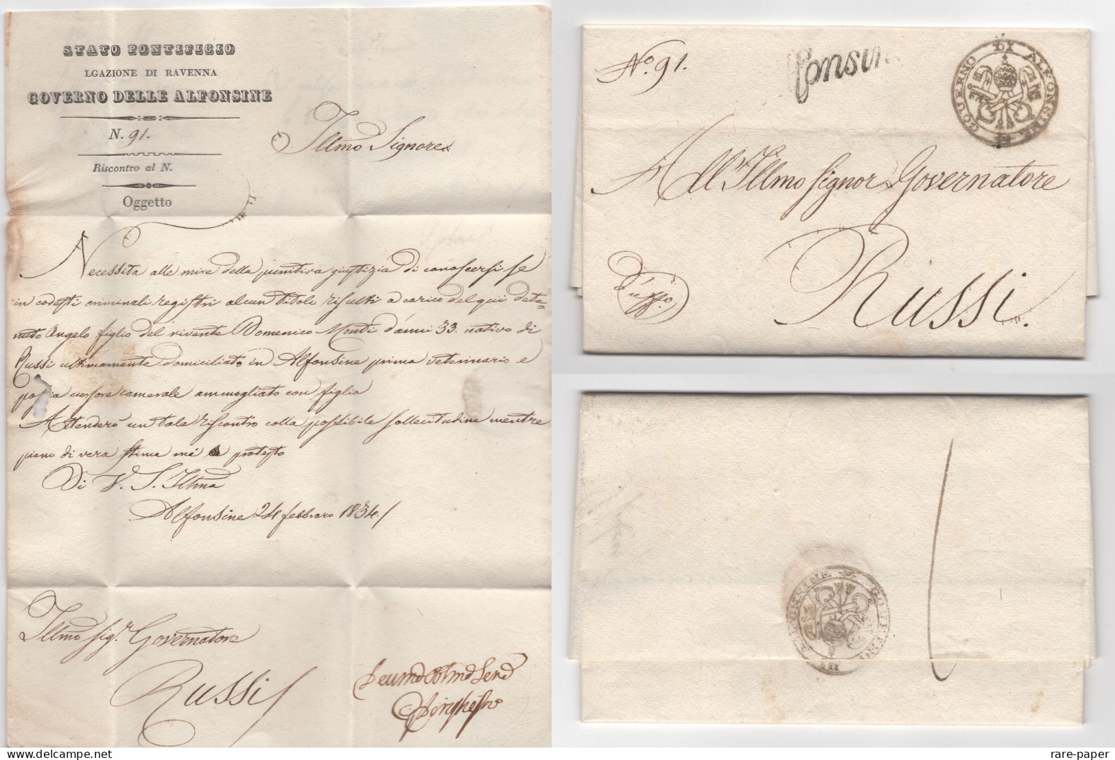 Stato Pontificio Legazione Di Ravenna Governo Delle Alfonsine 1834 -- Signed Letter - ...-1929 Prephilately