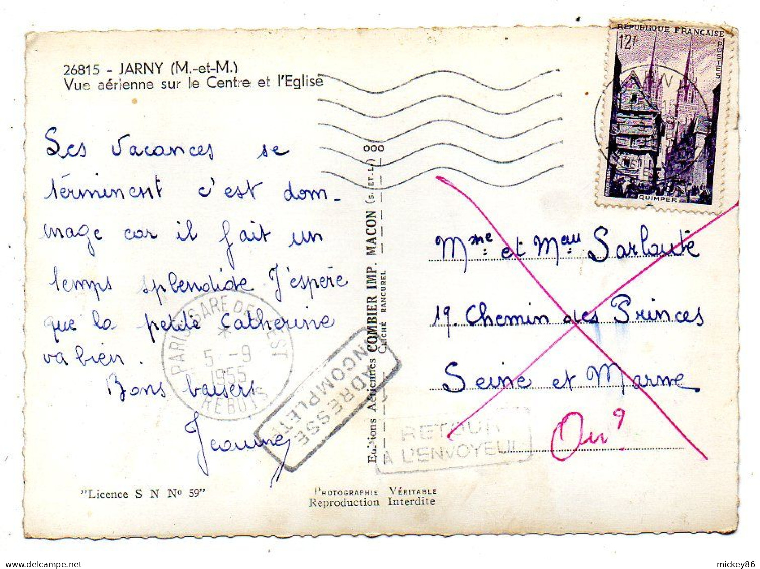 JARNY--1955--Vue Aérienne Sur Le Centre Et L'église....griffes Marcophilie - Jarny