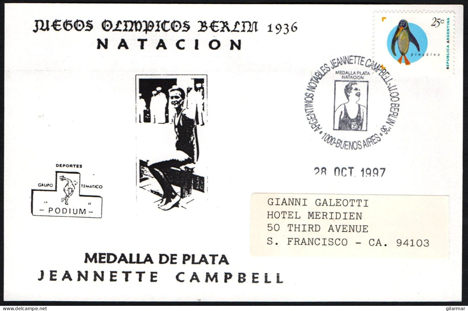 ARGENTINA BUENOS AIRES 1997 - OLYMPIC GAMES BERLIN '36 - OLYMPIC WINNER JEANNETTE CAMPBELL - SWIMMING - G - Estate 1936: Berlino