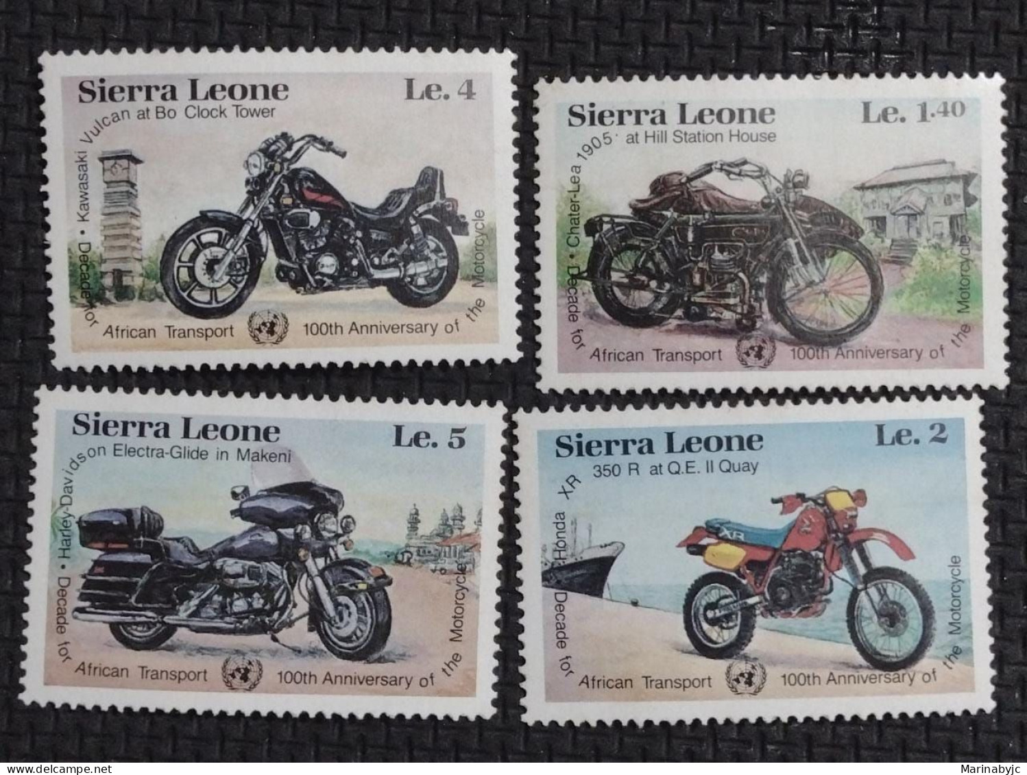 BD) SIERRA LEONE, DECADE FOR AFRICAN TRANSPORTATION, 100TH ANNIVERSARY OF THE MOTORCYCLE, KAWASAKI, CHATER-LEA, HARLEY D - Sierra Leone