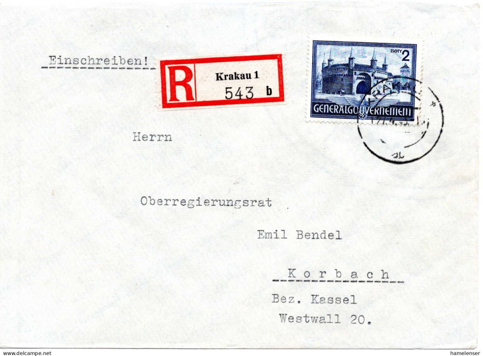 58409 - Deutsches Reich / Generalgouvernement - 1943 - Zl.2 Krakau EF A R-Bf KRAKAU -> KORBACH - Generalregierung