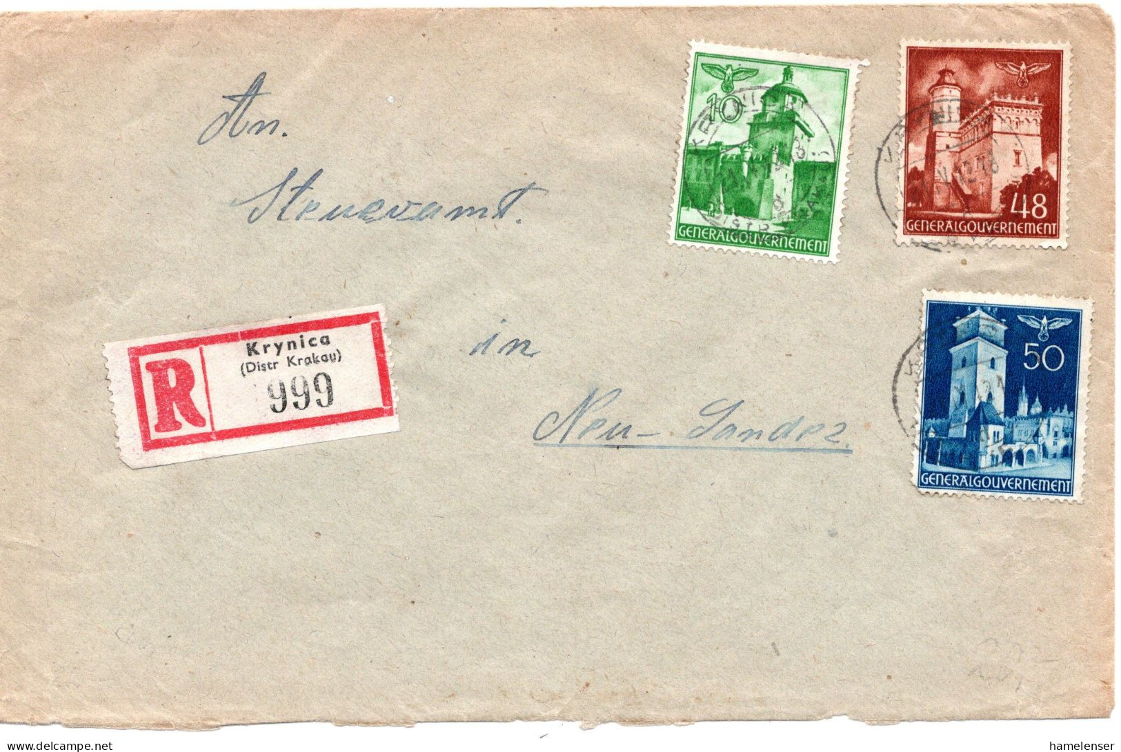 58410 - Deutsches Reich / Generalgouvernement - 1942 - 50gr Bauwerke (li U Eckzahnf) MiF A R-Bf KRYNICA -> NEU-SANDEZ - Generalregierung