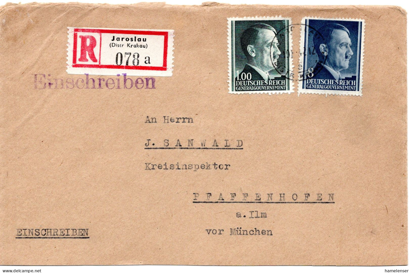 58412 - Deutsches Reich / Generalgouvernement - 1942 - 1Zl Hitler MiF A R-Bf (u Le Reduz) JAROSLAU -> PFAFFENHOFEN - Generalregierung