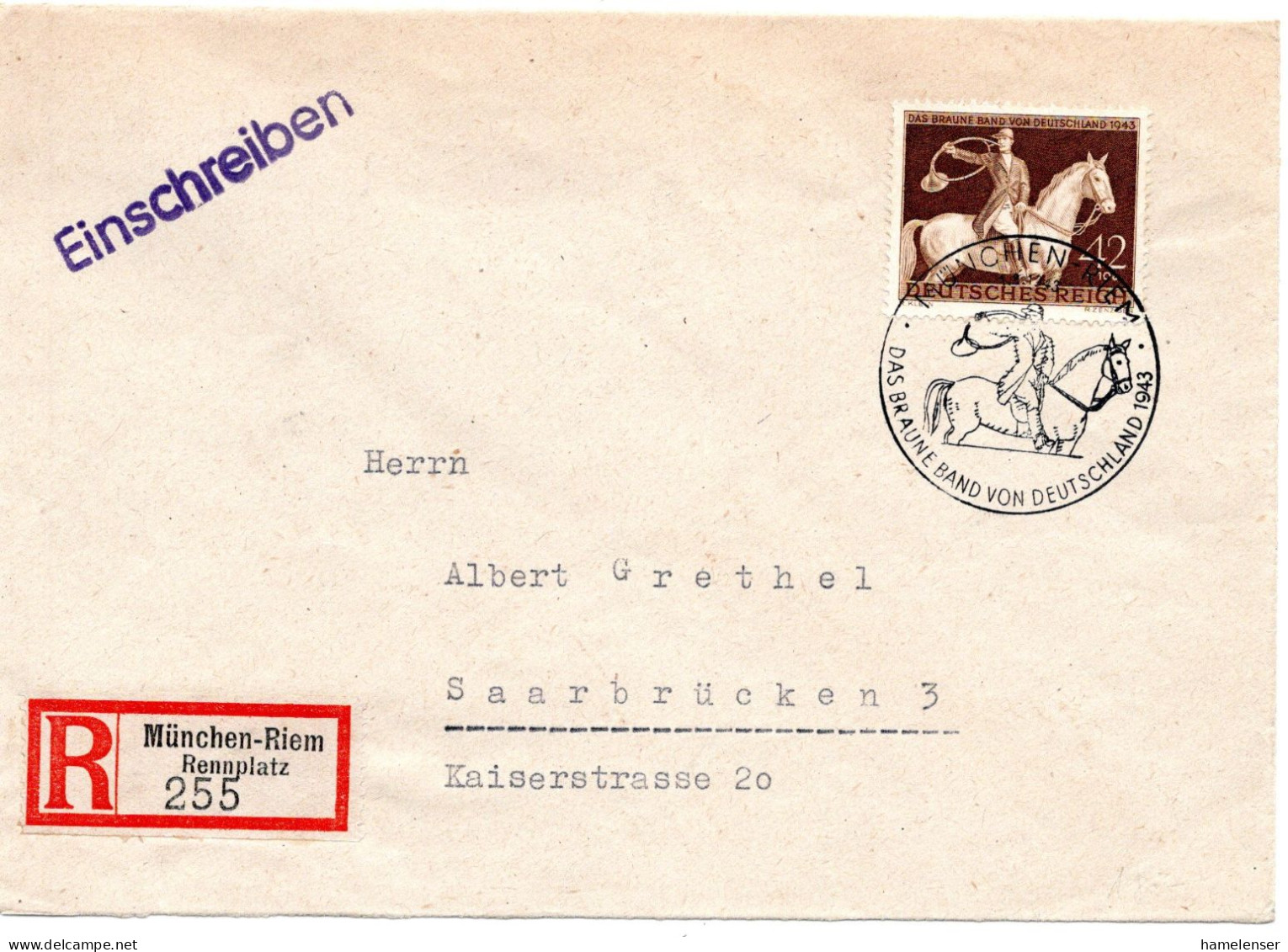 58459 - Deutsches Reich - 1943 - 42Pfg Braunes Band EF A R-Bf SoStpl MUENCHEN - DAS BRAUNE BAND ... -> SAARBRUECKEN - Hippisme