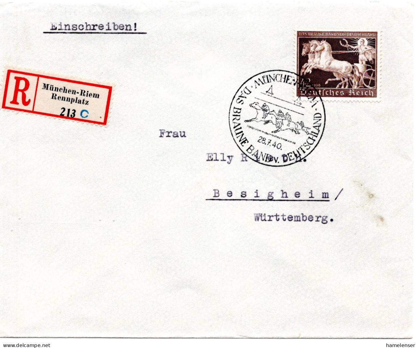 58470 - Deutsches Reich - 1940 - 42Pfg Braunes Band EF A R-Bf MUENCHEN - DAS BRAUNE BAND ... -> BESIGHEIM, Rs Aufkleber! - Hippisme