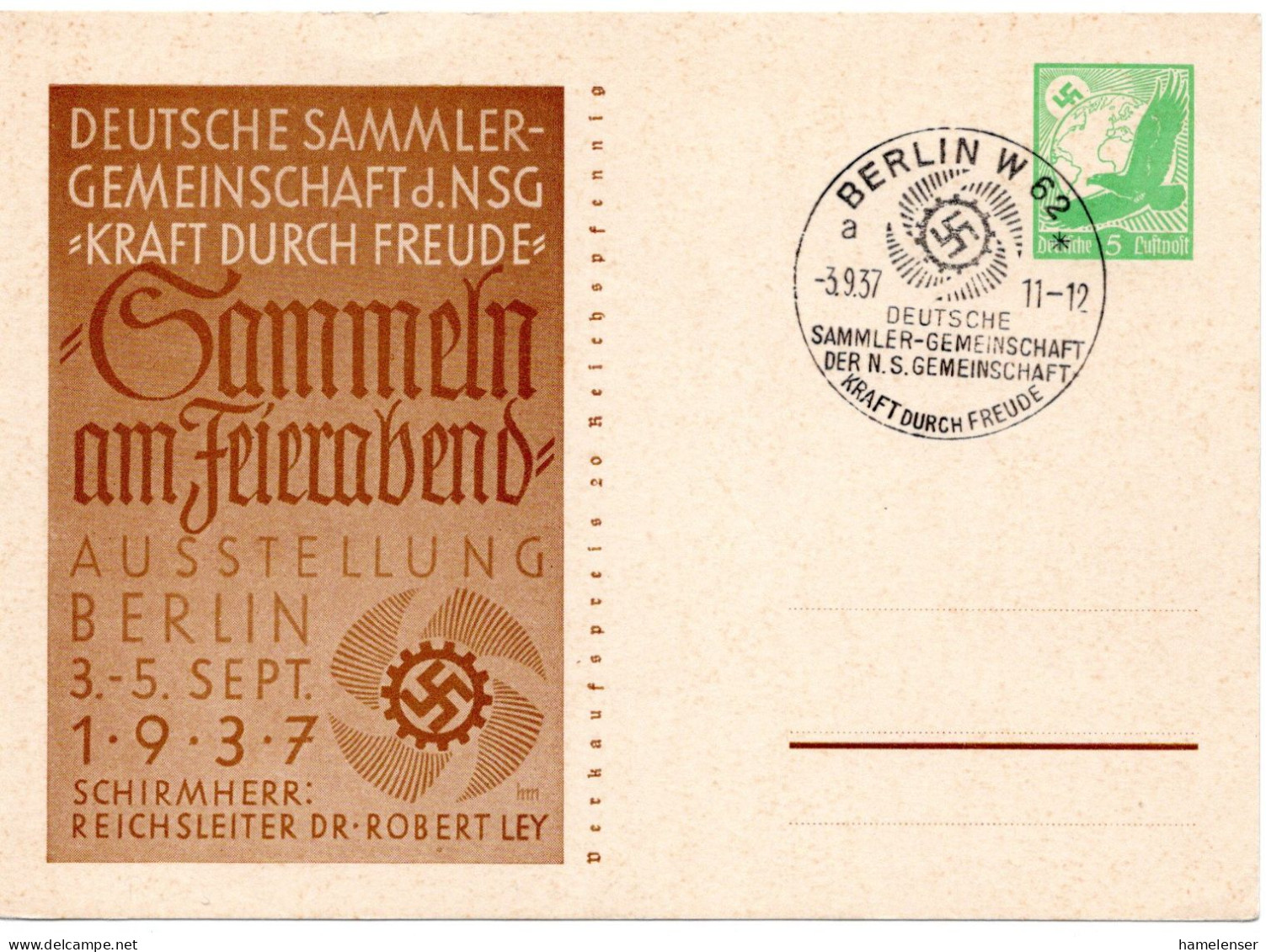 58478 - Deutsches Reich - 1937 - 5Pfg GAKte "KdF-Ausstellung" SoStpl BERLIN - ... KRAFT DURCH FREUDE - Philatelic Exhibitions