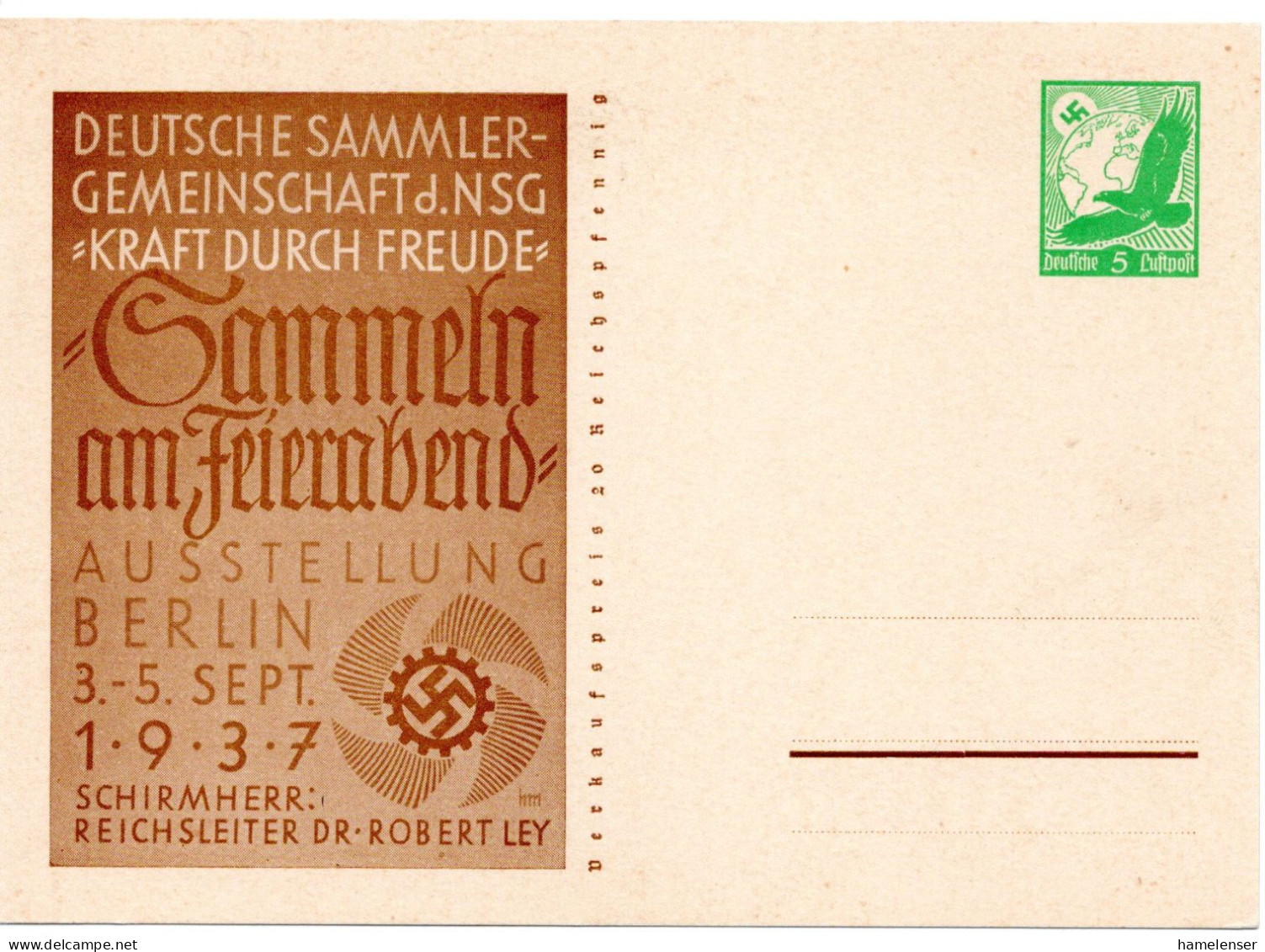 58479 - Deutsches Reich - 1937 - 5Pfg GAKte "KdF-Ausstellung", Ungebraucht - Philatelic Exhibitions