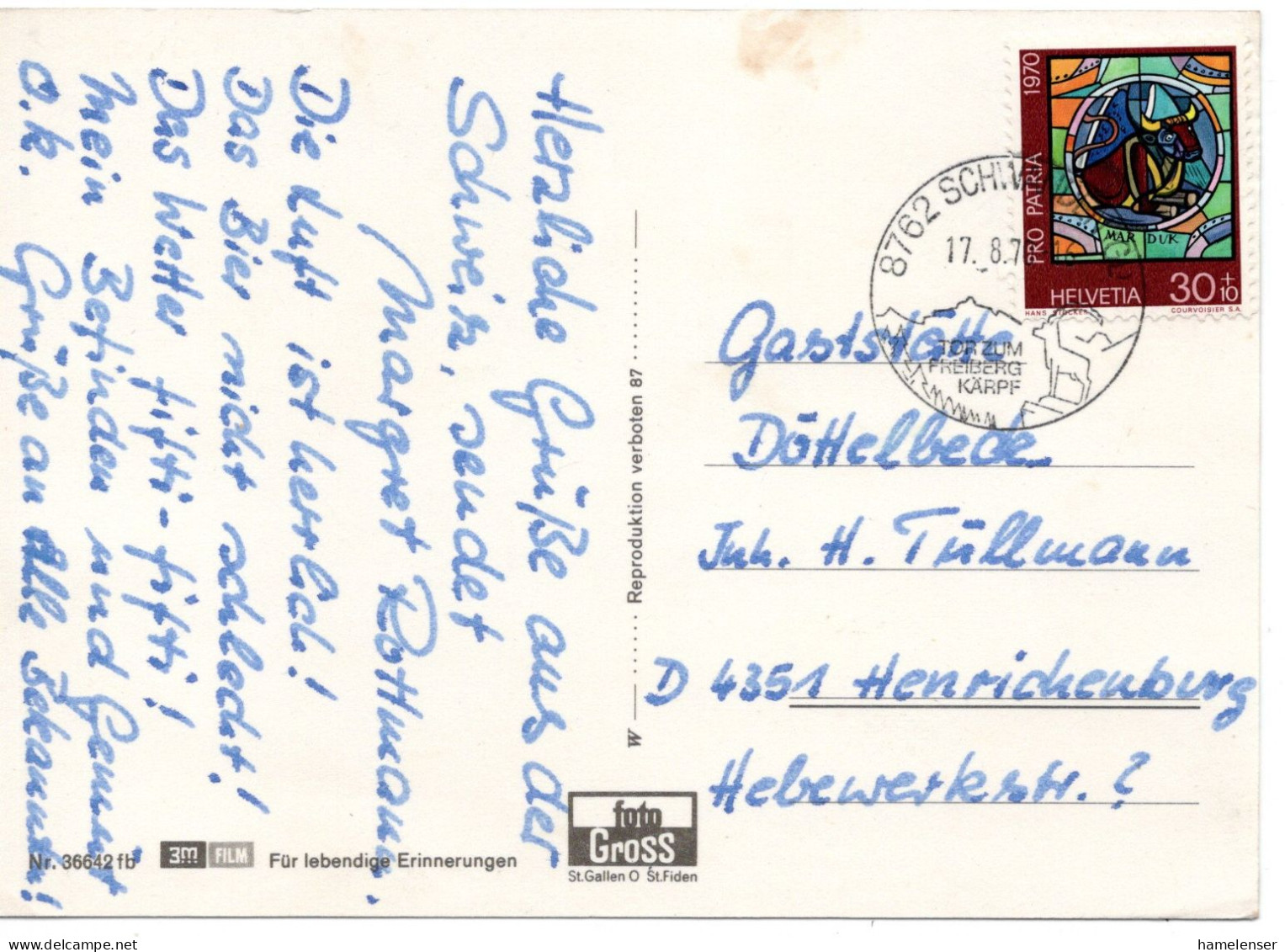 67099 - Schweiz - 1970 - 30Rp Pro Patria '70 EF A AnsKte SCHWANDEN - ... -> Westdeutschland - Briefe U. Dokumente